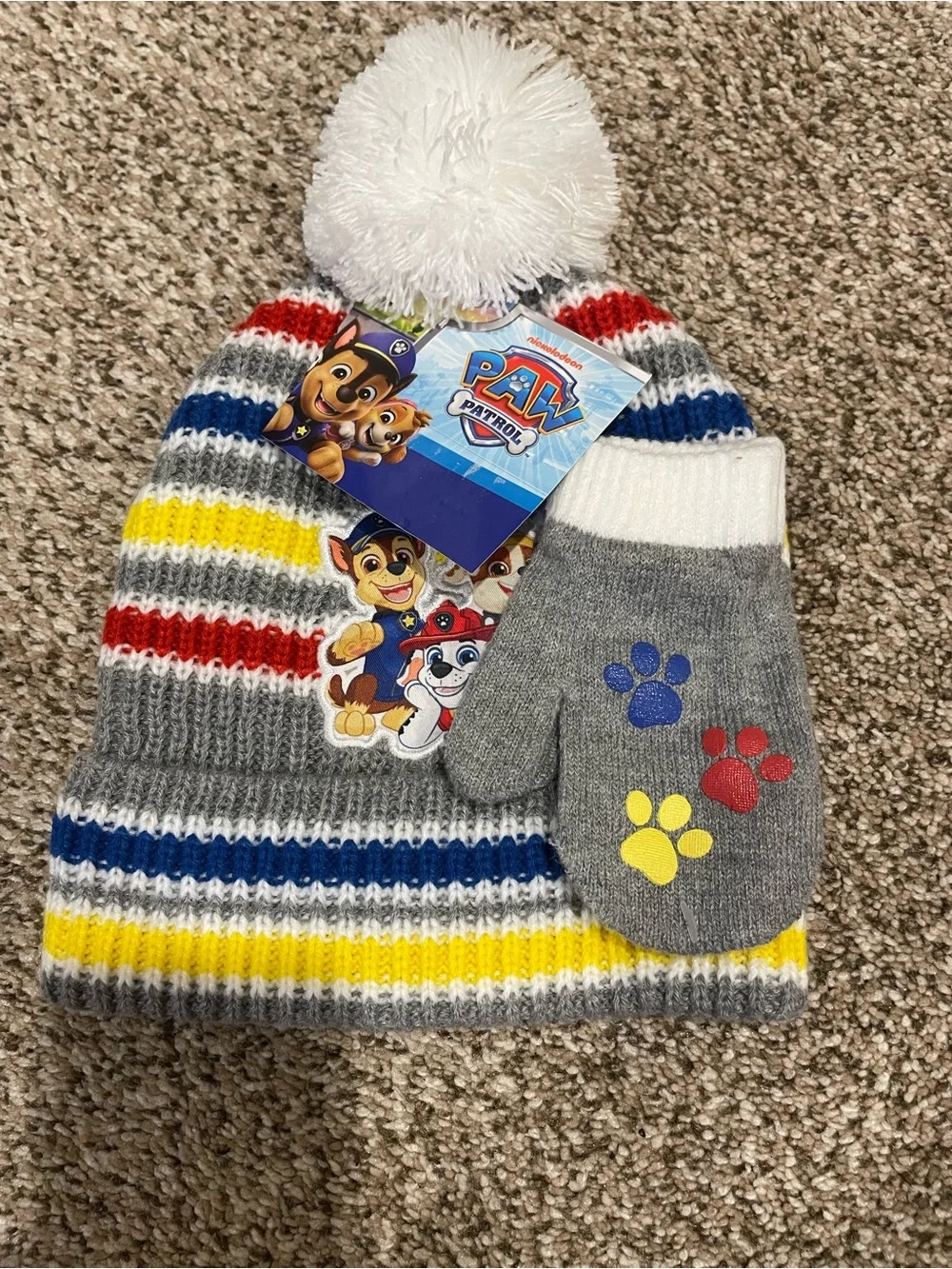 Kohl's Paw Patrol Stripe Pom Beanie and Mittens - Gray, Red, Blue, Yellow, White
